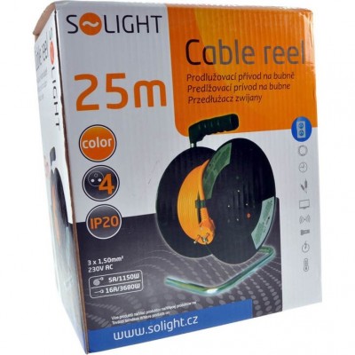 Solight prodlužovací přívod na bubnu, 4 zásuvky, 25m, oranžový kabel, 3x 1,5mm2 - foto č. 2