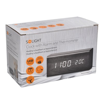 Solight hodiny s budíkem, bílé LED podsvícení, tři budíky, nastavitelná intenzita podsvícení, teploměr, dekor: černé dřevo - foto č. 4